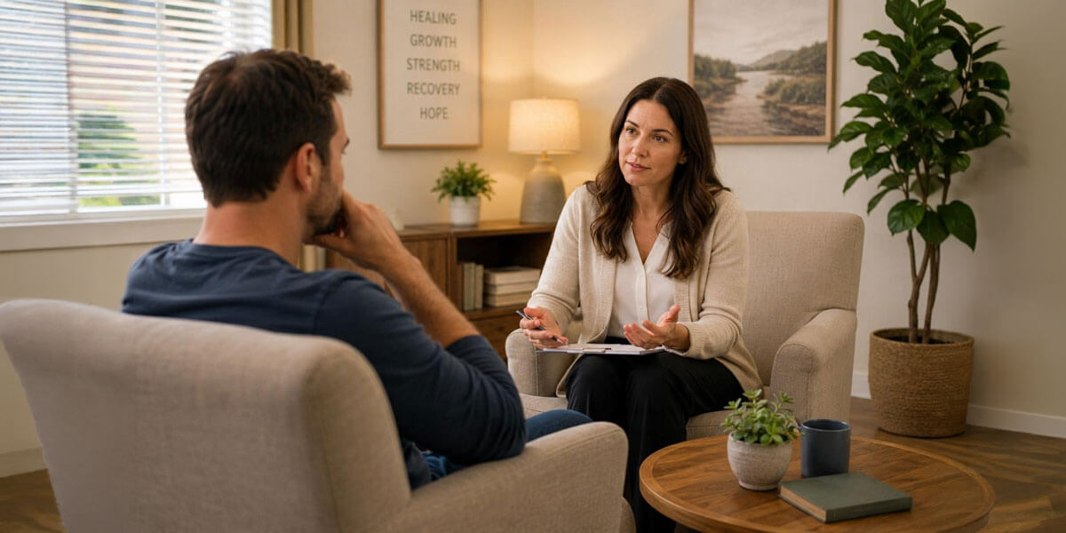 A counselor speaks with a man during a therapy session in a calm, plant-filled office.