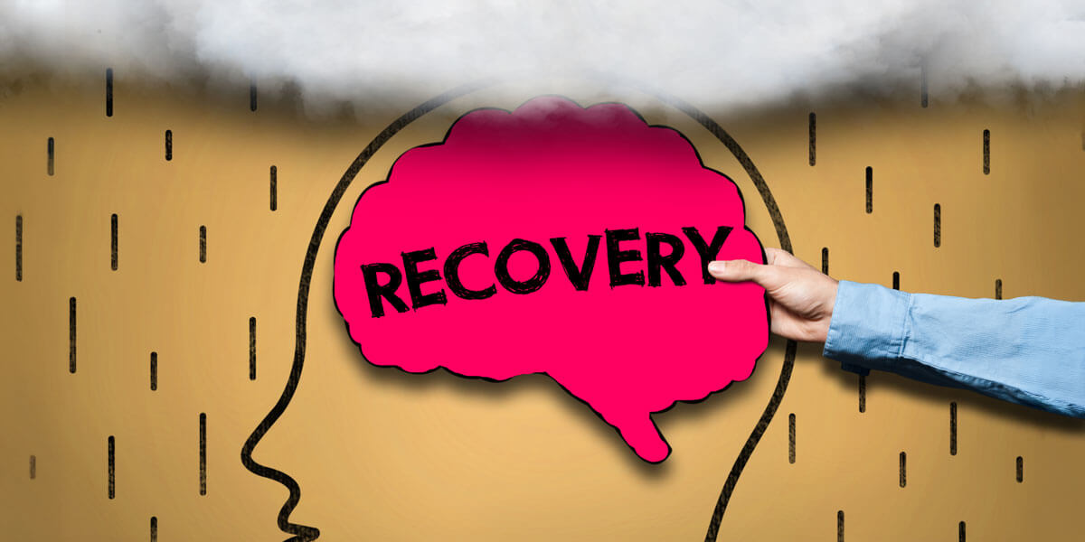 An illustration of a head silhouette with a bright pink brain labeled "Recovery" being touched by a finger, surrounded by falling rain against a stormy backdrop.